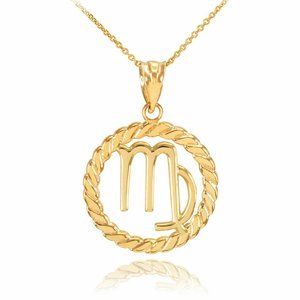 14k Solid Solid Gold Virgo Zodiac Sign Circle Rope Pendant - Yellow, Rose, White
